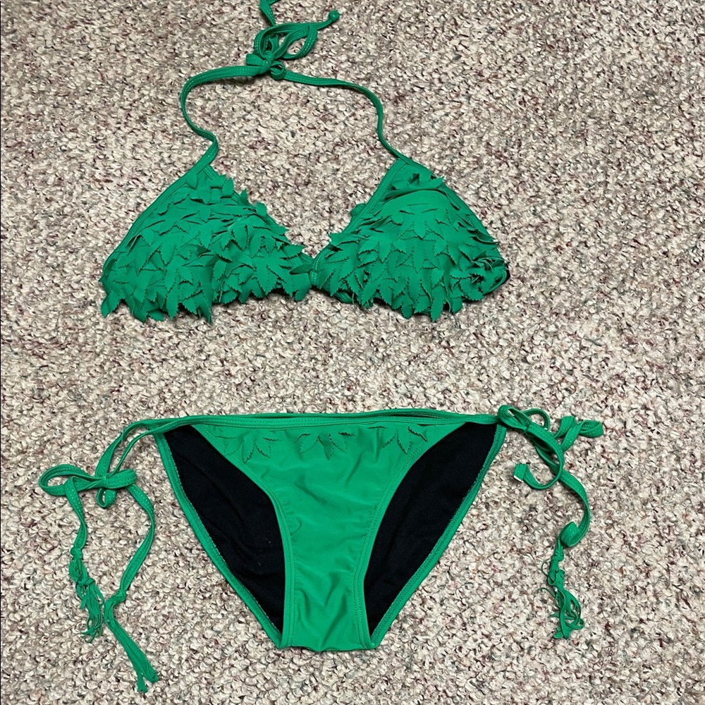Green marijuana Leaf accented tie side bottom Bikini Set